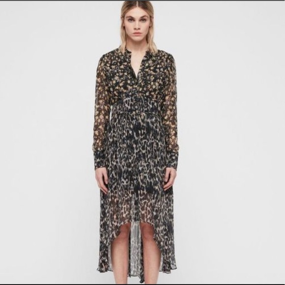 allsaints liza leopard midi dress